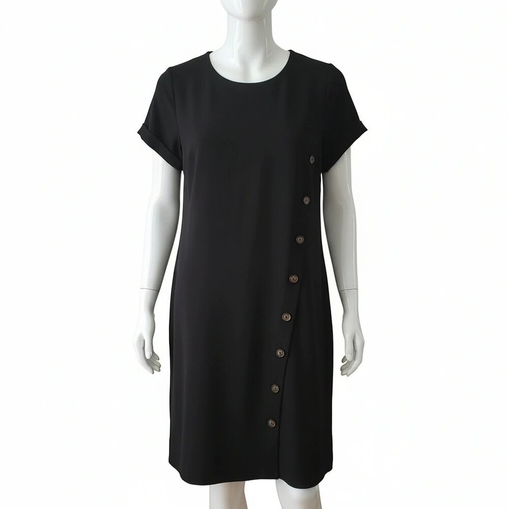 Versatile Black Decorative Button Dress